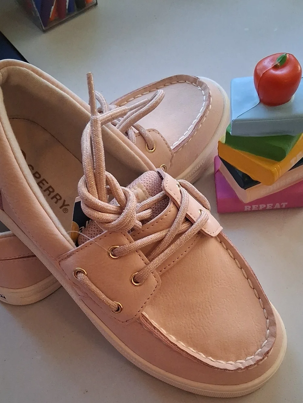 Walking To School With Sperry Kids Blush Pink Boat Sneakers Size 3M.